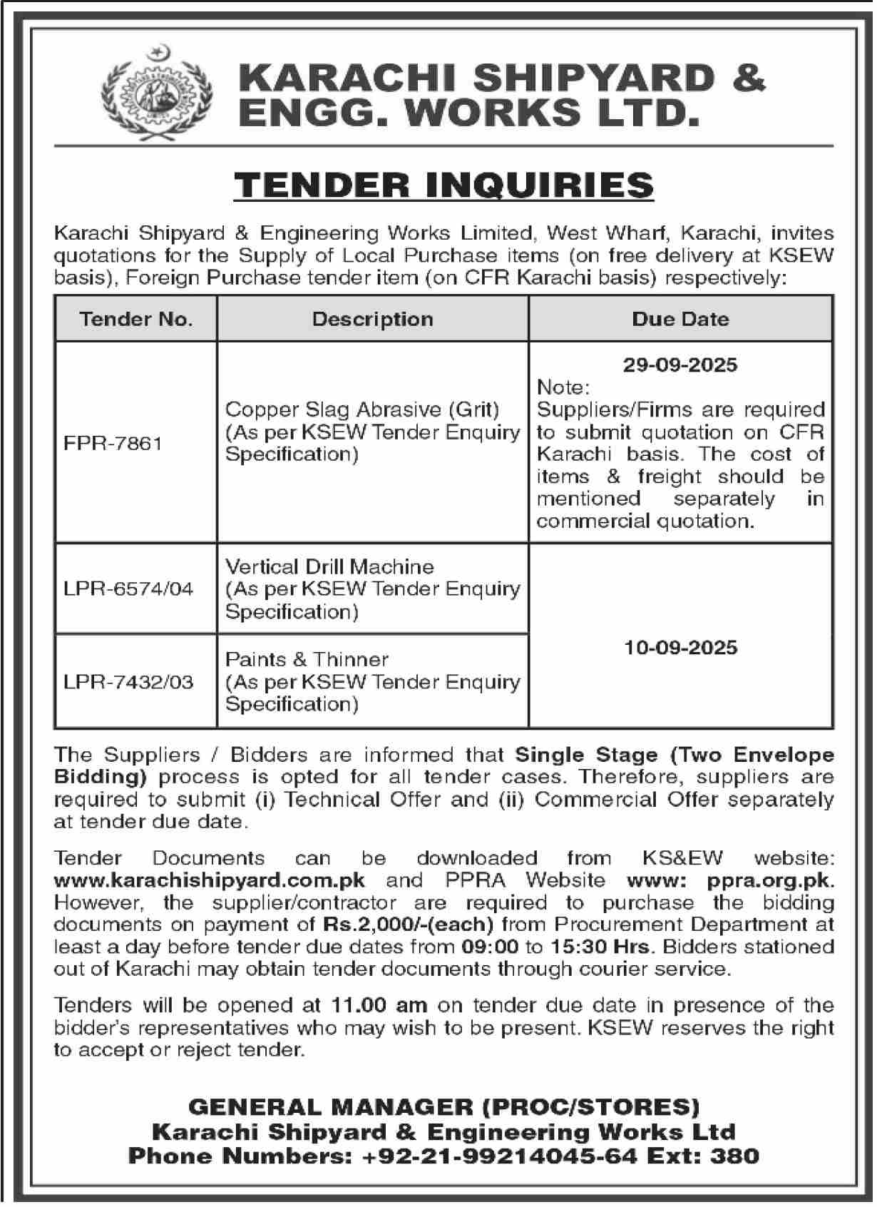 Karachi Shipyard & Engineering Works Limited Tender Notice